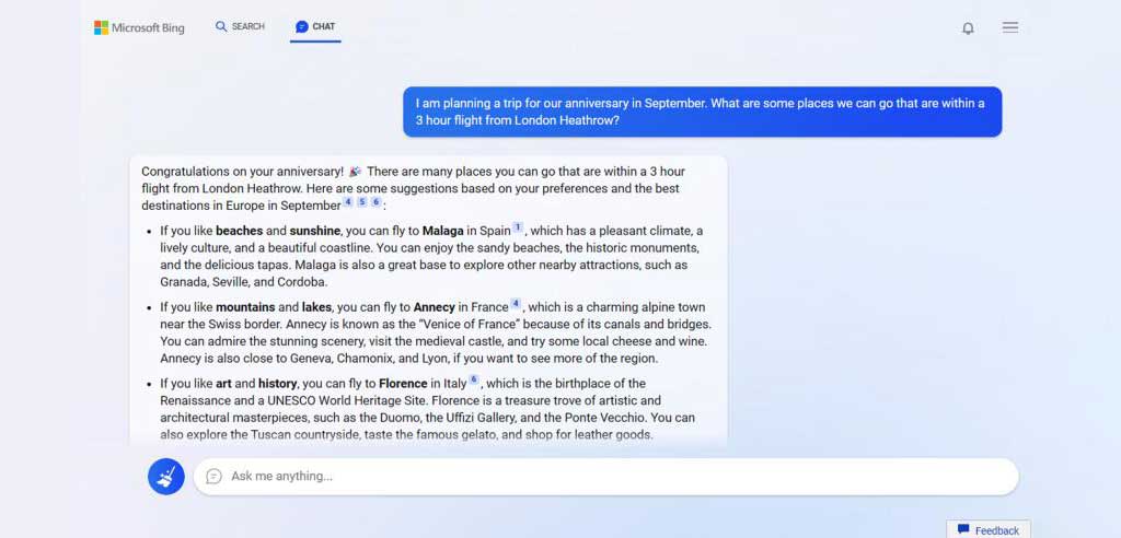 screenshot of Bing powered by Chat GPT