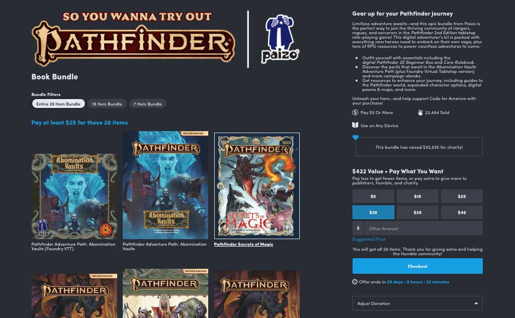 Screenshot of Pathfinder Humble Bundle Website