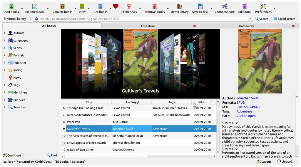 screen shot of calibre ebook management