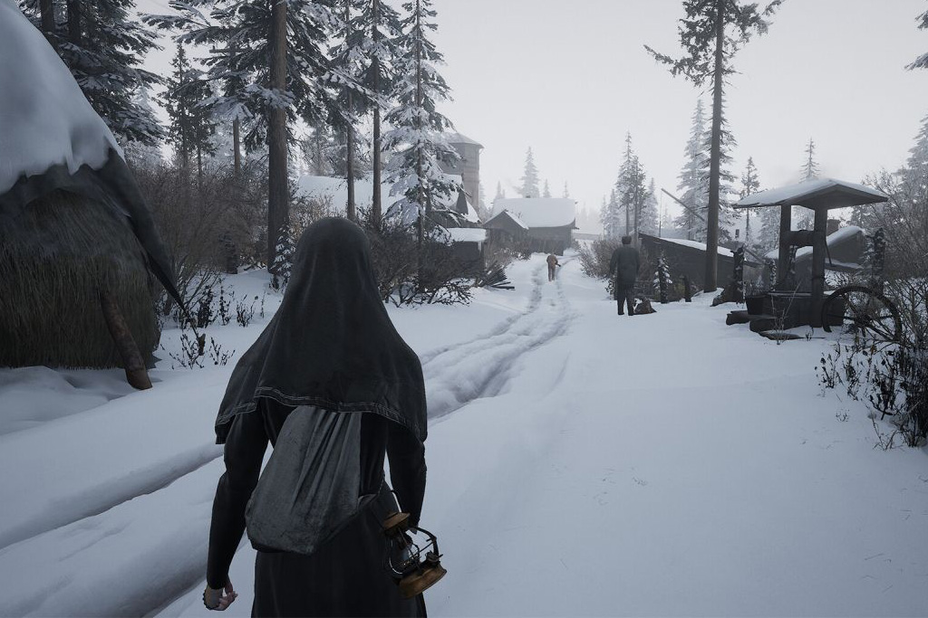 Screenshot of Indika Video Game Woman Walks in Snow Along Path