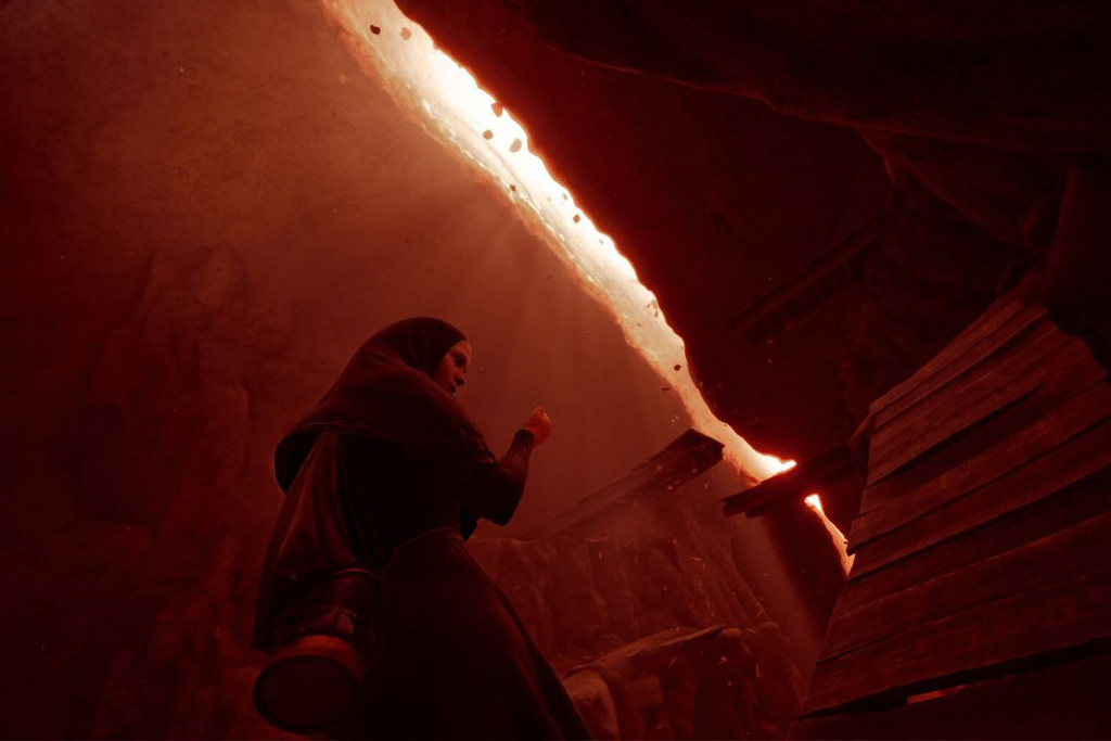 Screenshot from Indika Video Game, character walks up stairs